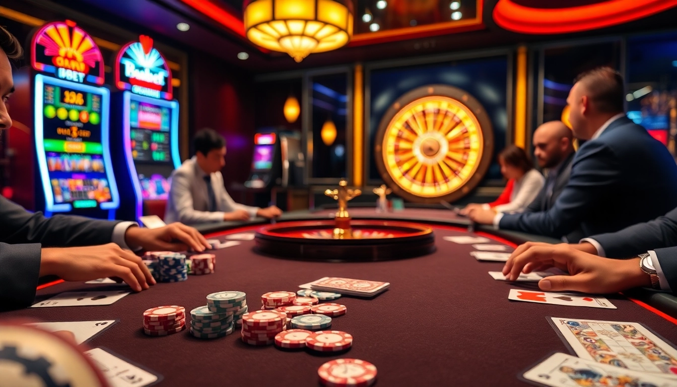 i9bet players enjoying a thrilling game at an elegant casino table with poker chips and cards.