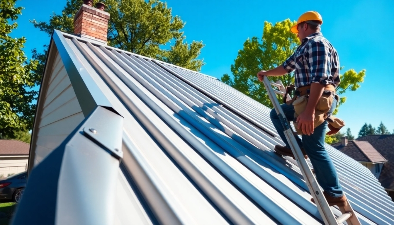 Metal roofing installation highlighting a professional contractor working on a sleek, metallic roof.