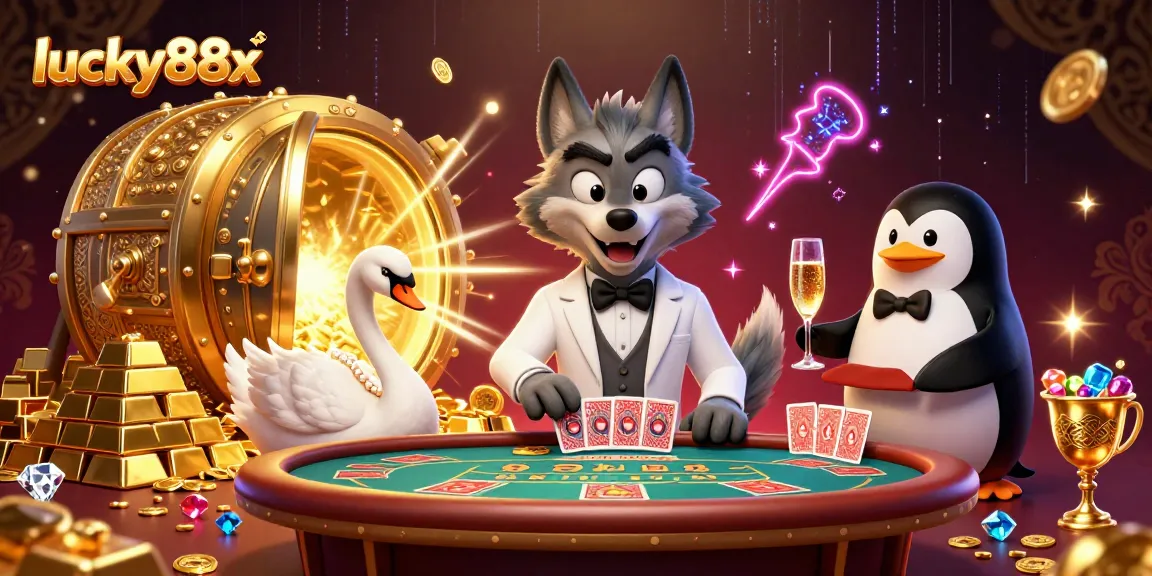 Experience the thrill at lucky88x with a debonair wolf, an elegant swan, and a penguin presenting champagne