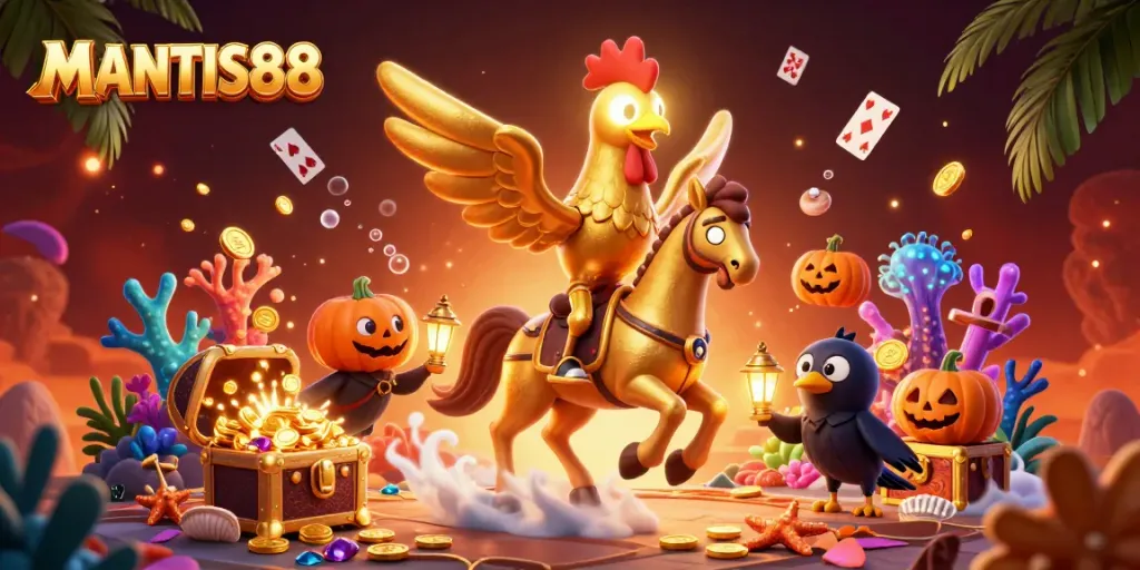 Experience thrilling gameplay with MANTIS88, the vibrant online casino featuring gold coins and colorful gems.
