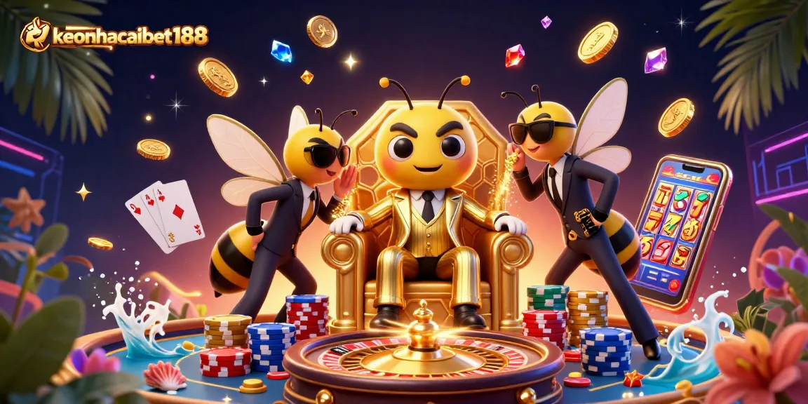Join the action at keonhacaibet188 with a dazzling casino scene featuring the bumblebee mob boss and vibrant gaming elements.