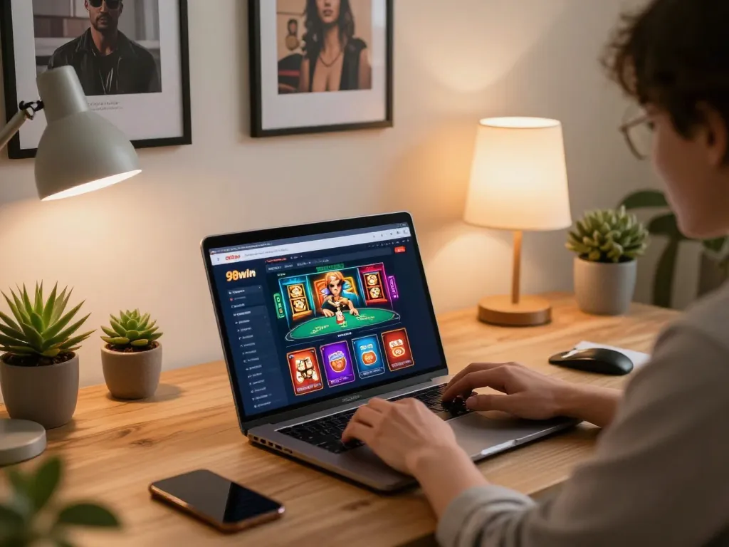 Gamer enjoying 98win online casino on a laptop in a cozy home office