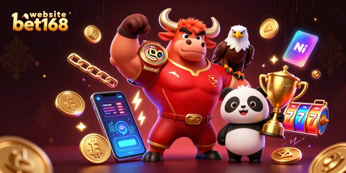 Engage with dynamic gaming action on the website bet168, featuring a triumphant bull, eagle, and panda amidst vibrant casino elements.