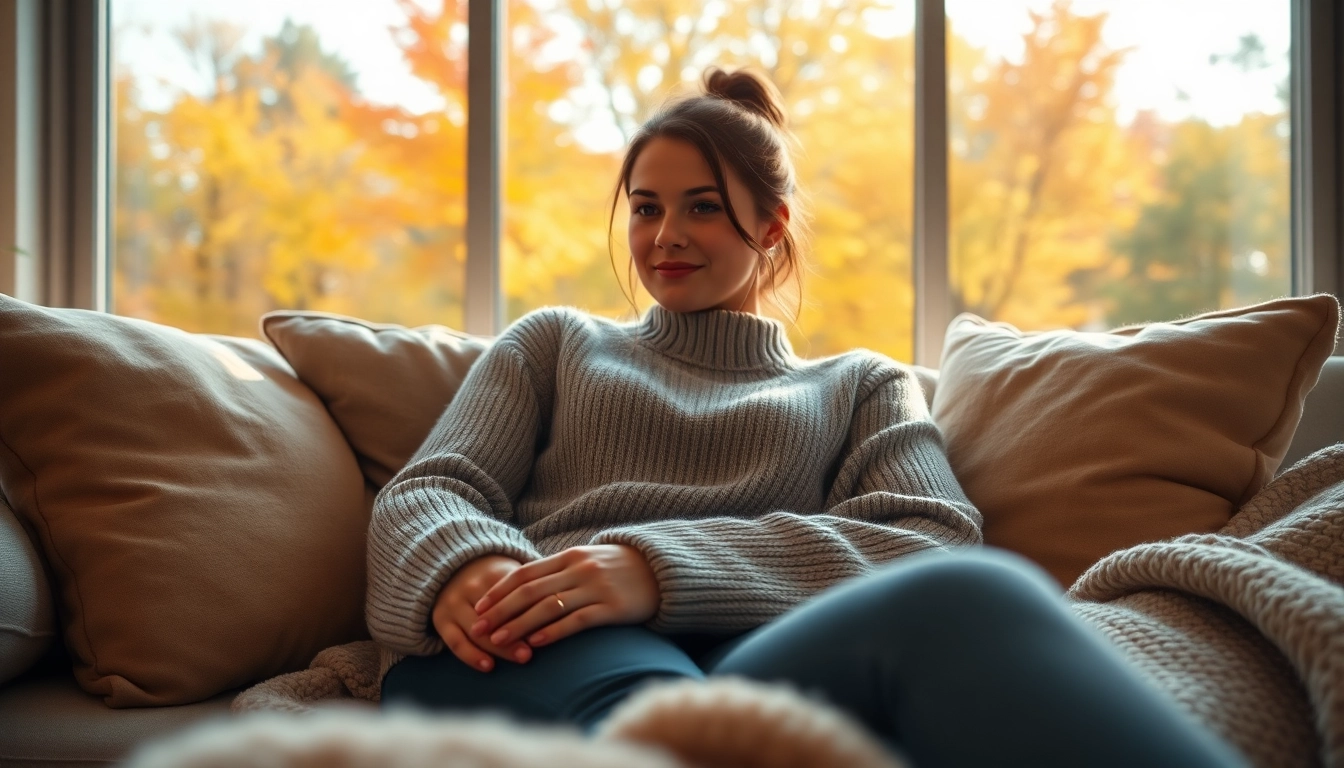 Woman relaxing in a cozy living room wearing stylish sweaters, surrounded by autumn comfort.