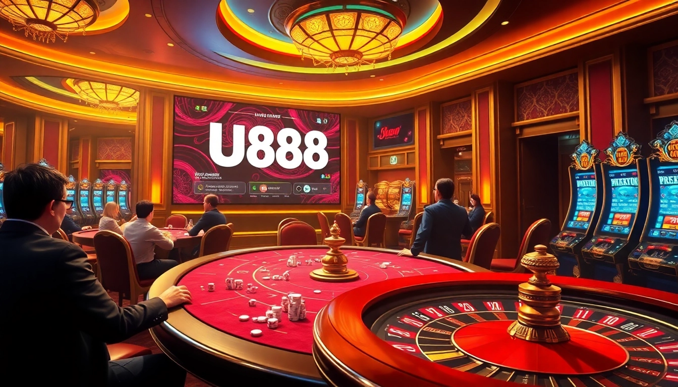 Experience thrilling U88 gameplay at a vibrant casino with poker tables and roulette wheels.