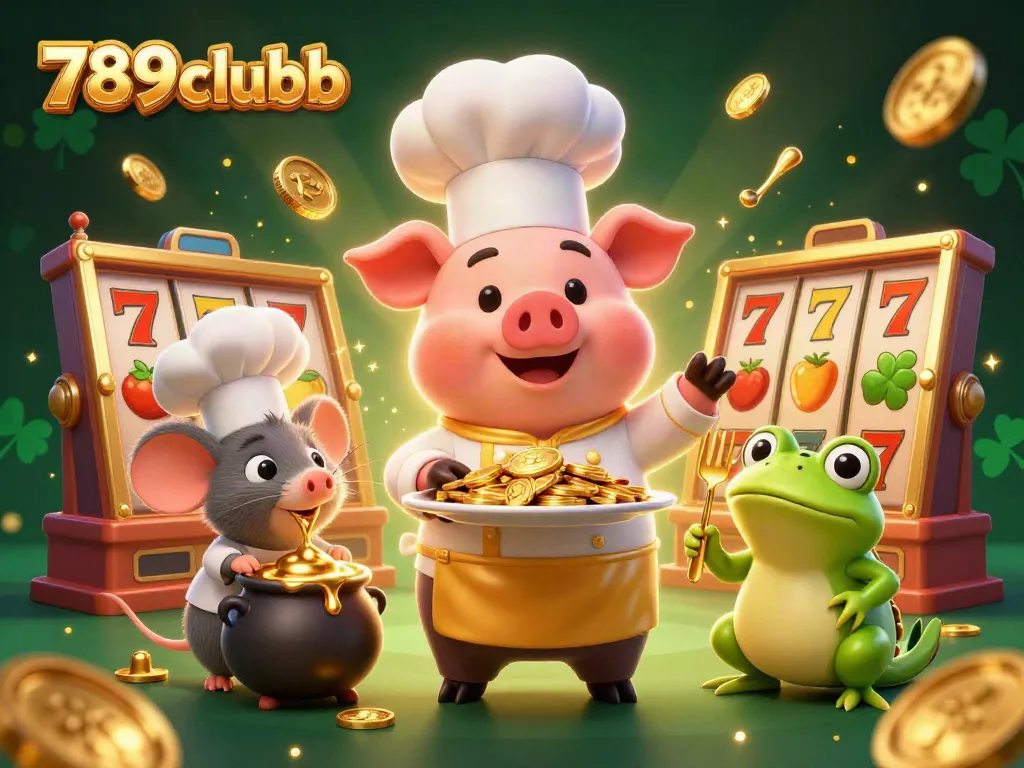 Experience the excitement of winning at 789clubb as a chef pig serves golden coins in a lavish casino.