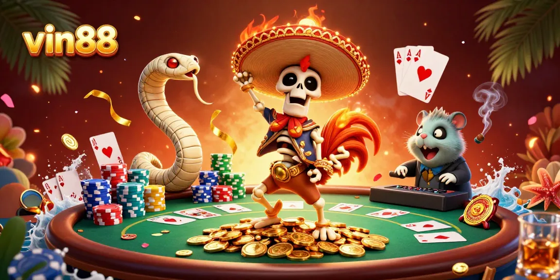 Experience the thrilling vin88 world with vibrant characters celebrating on a poker table surrounded by gold coins.