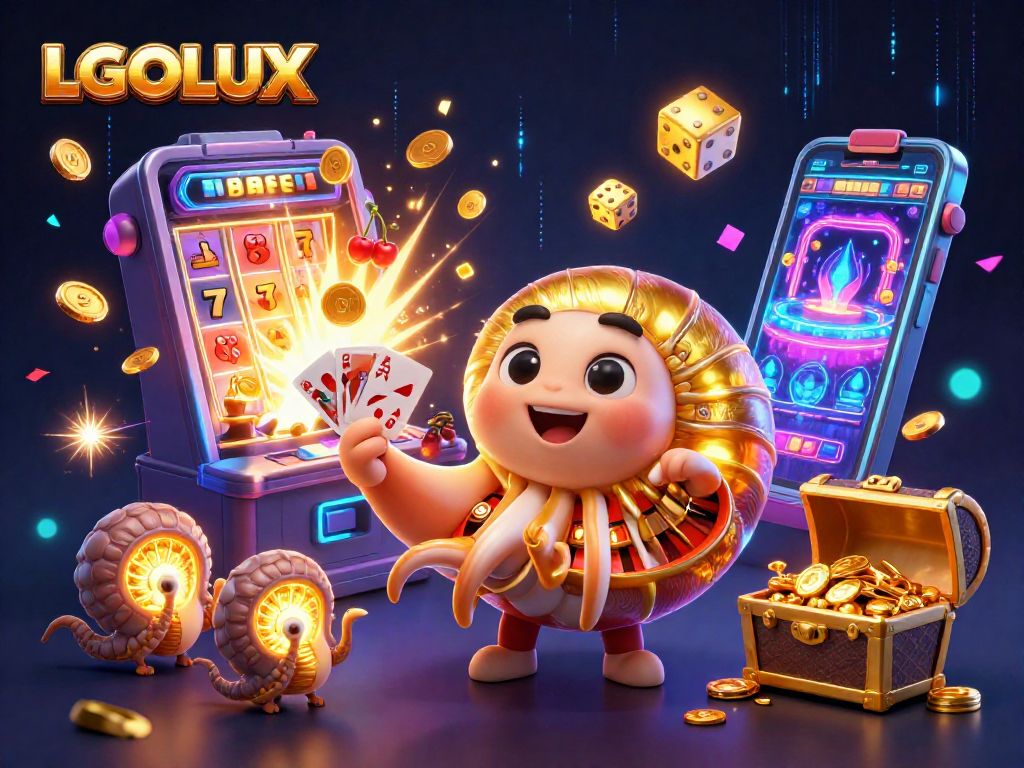 Experience thrilling gameplay with LGOLUX's vibrant casino elements including the giant nautilus, jackpot slots, and golden treasures.