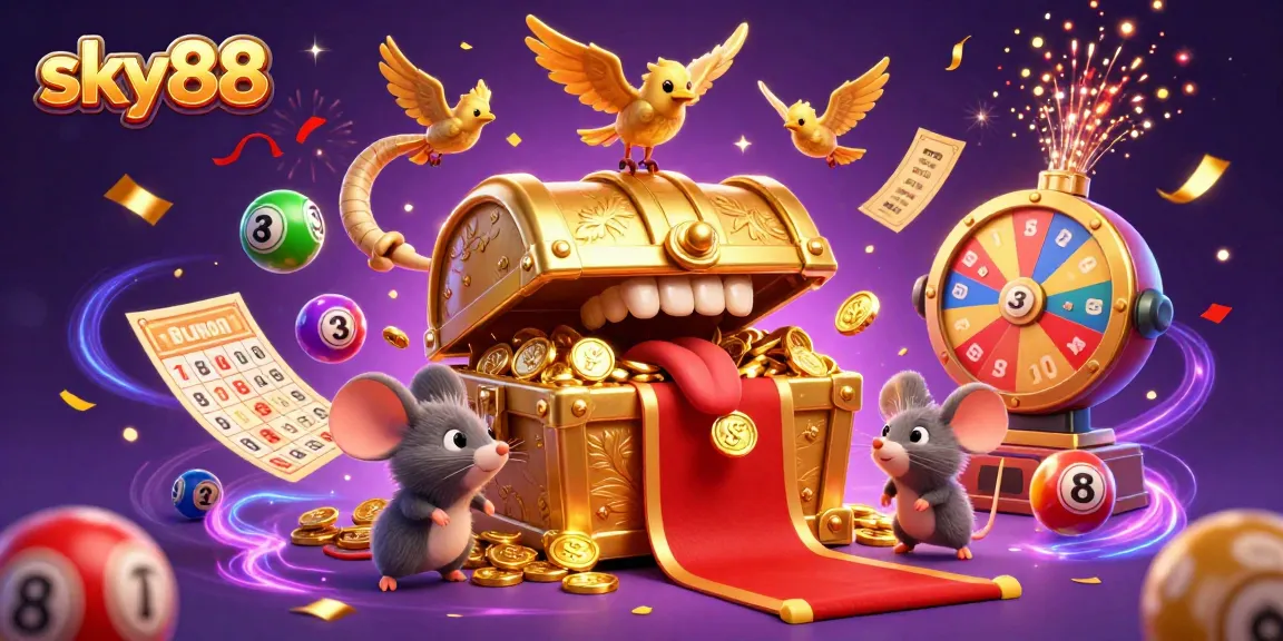 Sky88 showcases exciting lottery action with festive elements and engaging casino graphics.