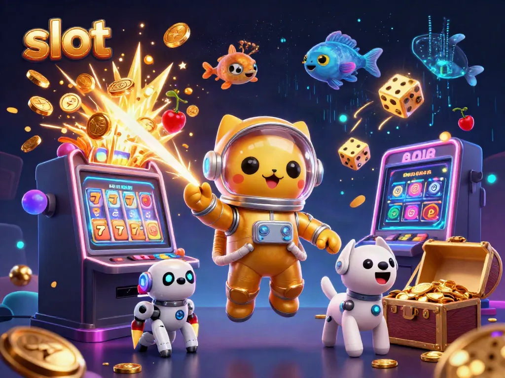 Experience an exciting slot adventure with a space cat and robot dog, alongside dazzling casino elements.