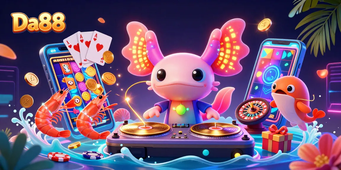 Experience the vibrant action of Da88 with a neon axolotl DJ, spinning slots and lively sea creatures.