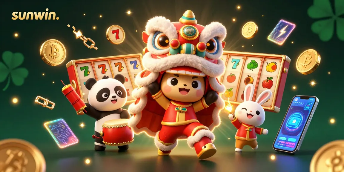 Engage in thrilling slots action with sunwin. featuring a colorful lion dance, drumming panda, and festive decorations.