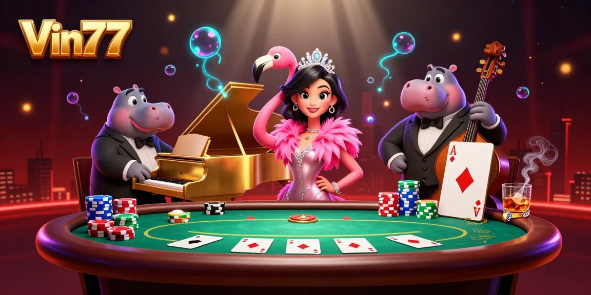 Experience the excitement of Vin777 with a vibrant 3D casino scene featuring a flamingo singer and various poker elements.