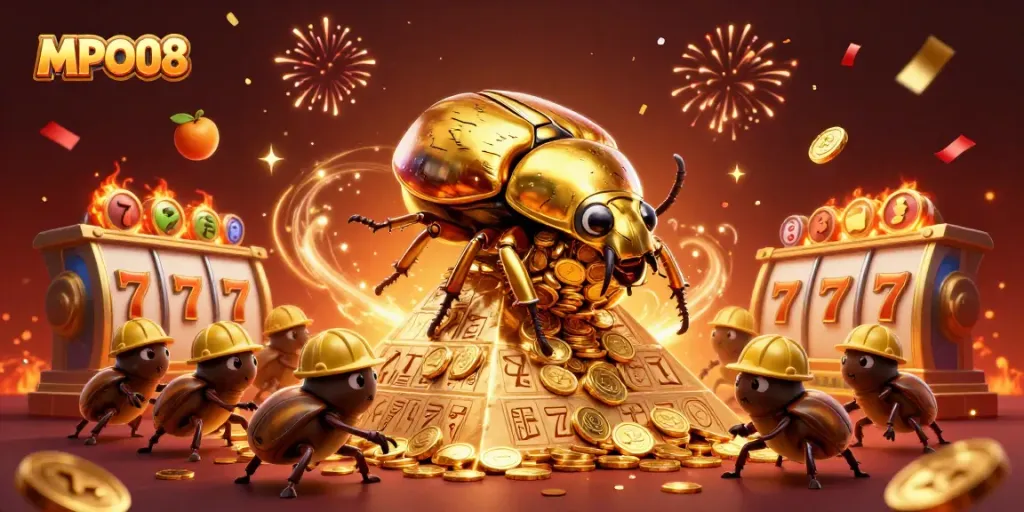 MPO08 captivates players with a vibrant scene of vibrant slots and dynamic golden beetles, symbolizing winning strategies.