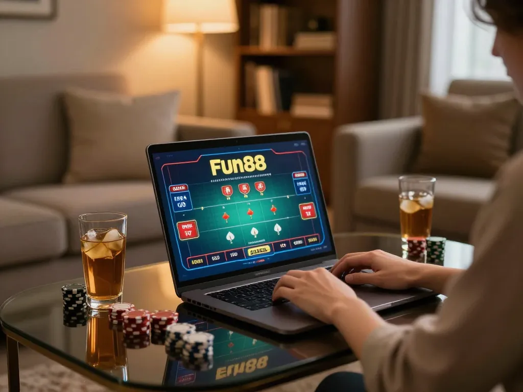 Engaging player enjoys Fun88 online casino games in a cozy home setting