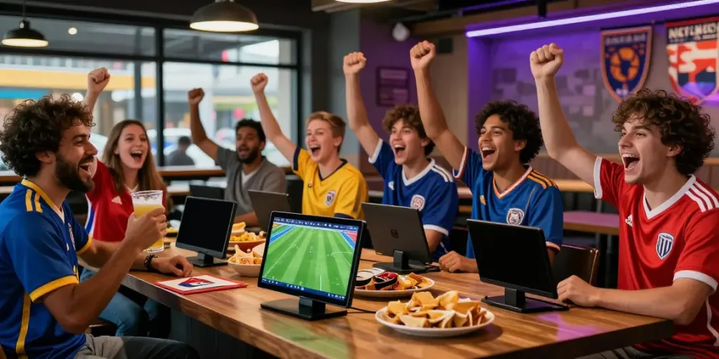 Exciting sports viewing at gavangtv.study, with fans enjoying a live football match in a lively bar setting.