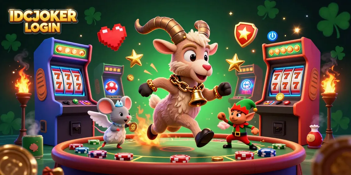 IDCJOKER LOGIN invites players to enjoy spinning slot reels in a vibrant, festive casino scene.
