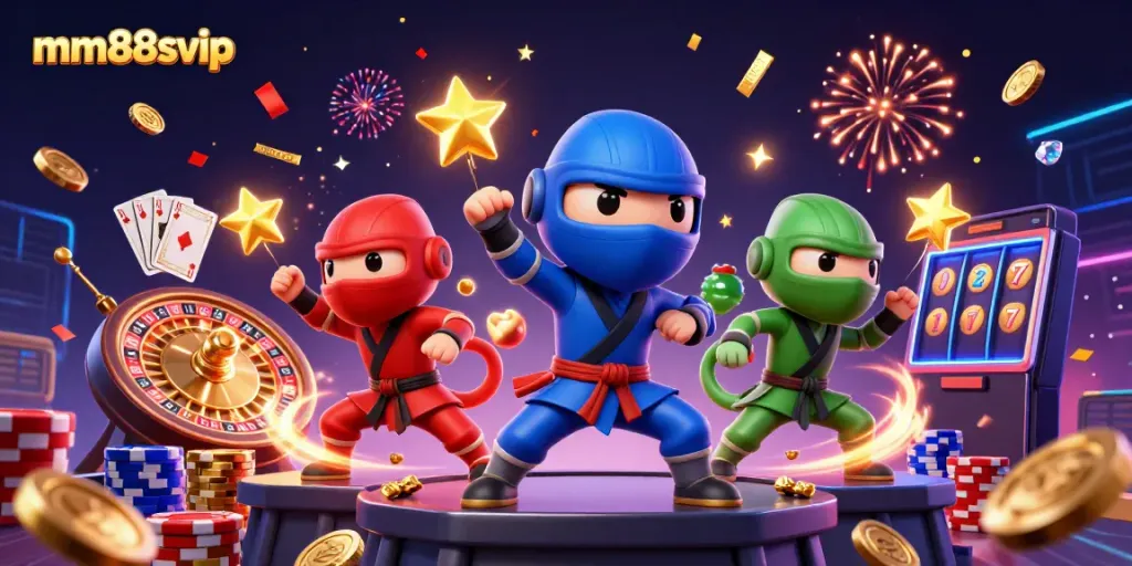 Engage in gaming action with mm88svip's ninja chameleon team surrounded by jackpots and casino elements.
