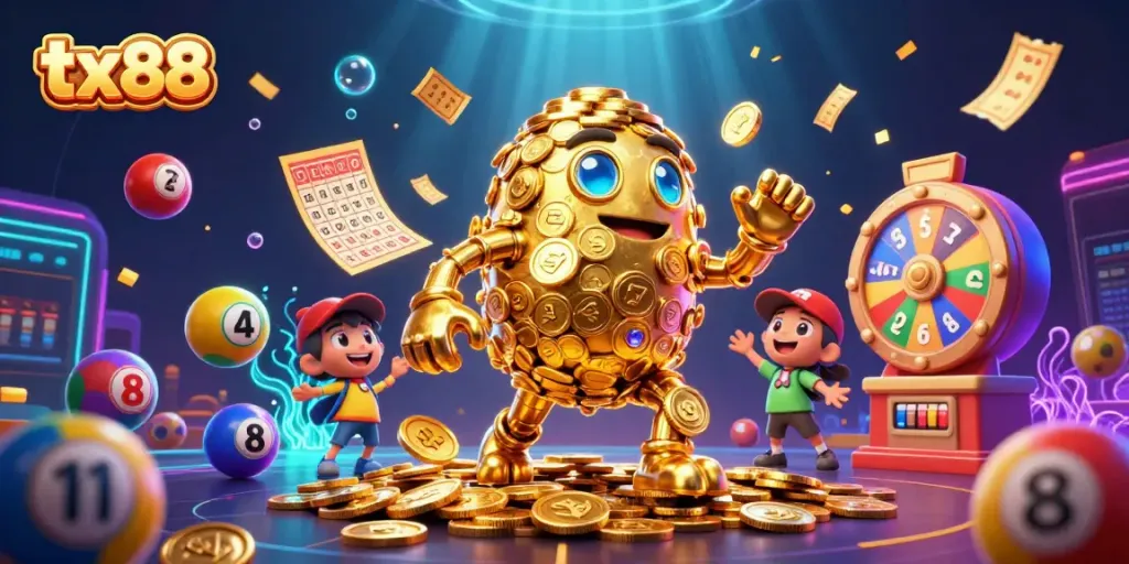Win big at tx88 with colorful lottery elements and vibrant gold coins soaring in a 3D casino scene.