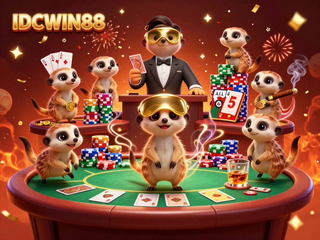 Win big with IDCWIN88 at a vibrant meerkat casino featuring poker action and colorful chips.