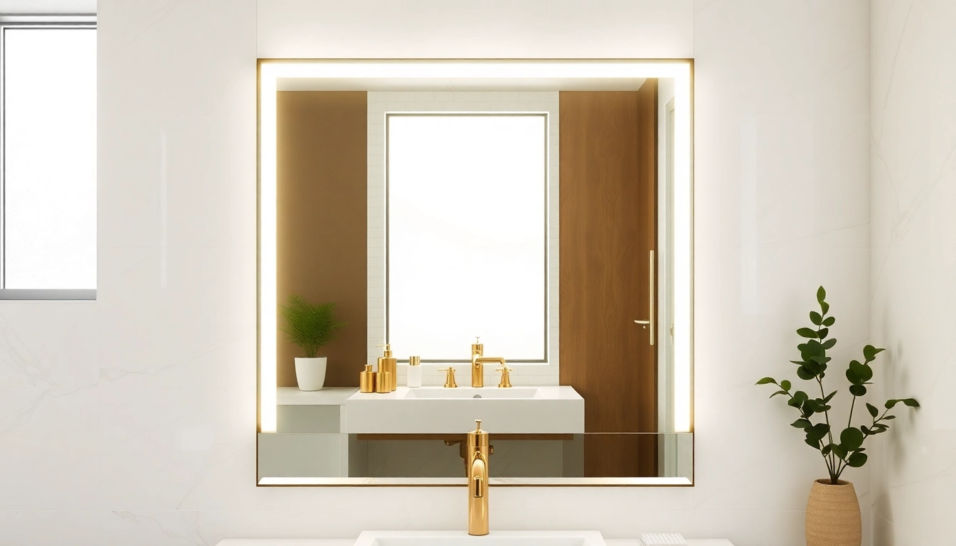 Elegant LED mirror illuminating a stylish bathroom, enhancing ambiance and sophistication with mirror and led lights.