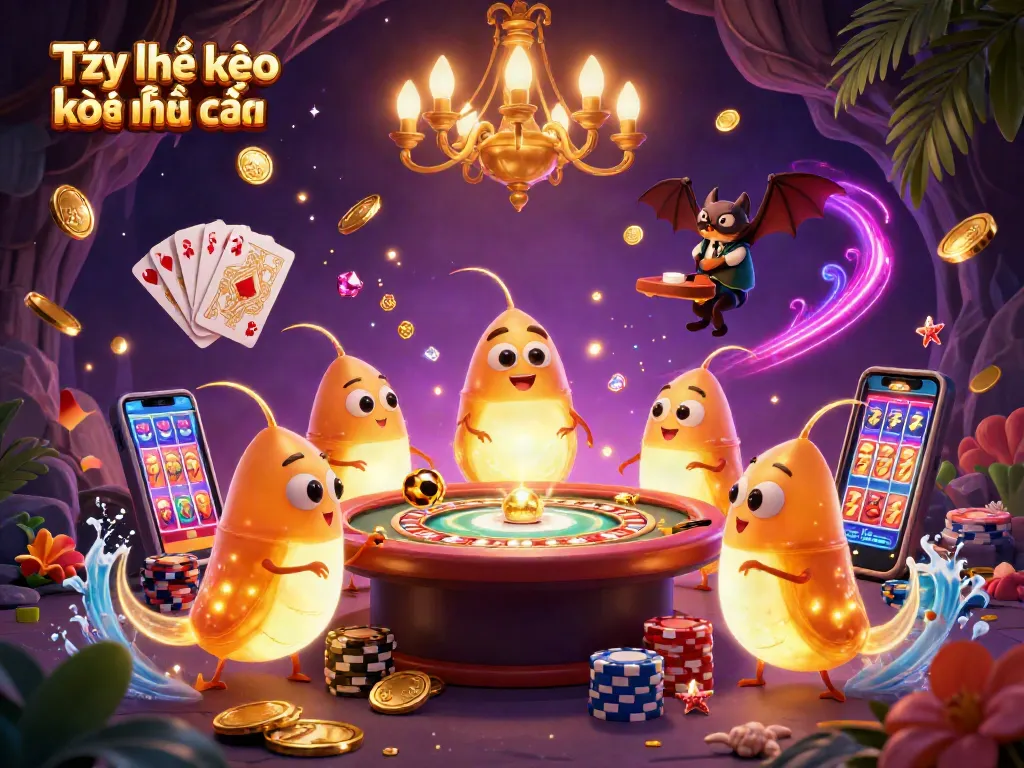 Experience Tỷ lệ kèo nhà cái in a vibrant 3D casino scene with illuminating glowworms and dynamic game elements.