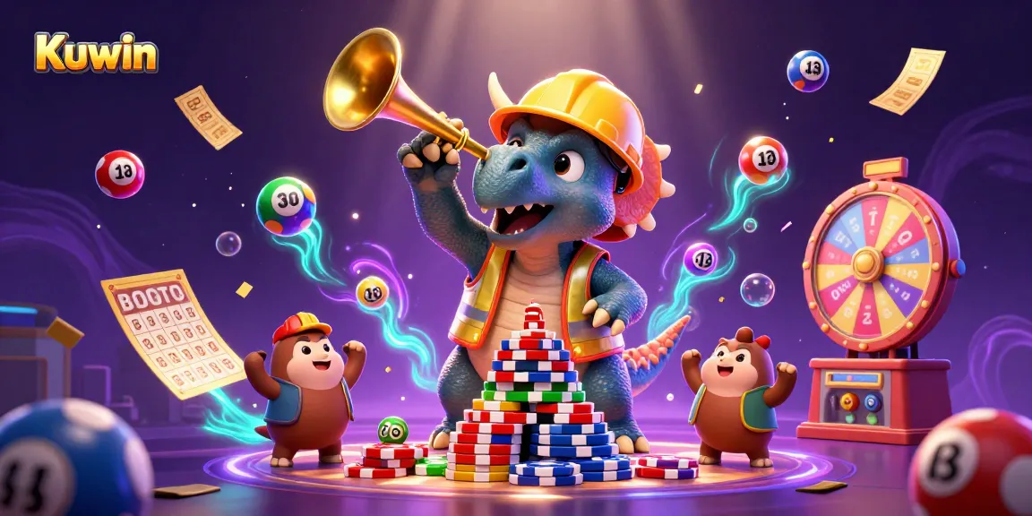 Kuwin's dynamic casino scene celebrating gaming excitement with triceratops, lotteries, and vibrant prizes.