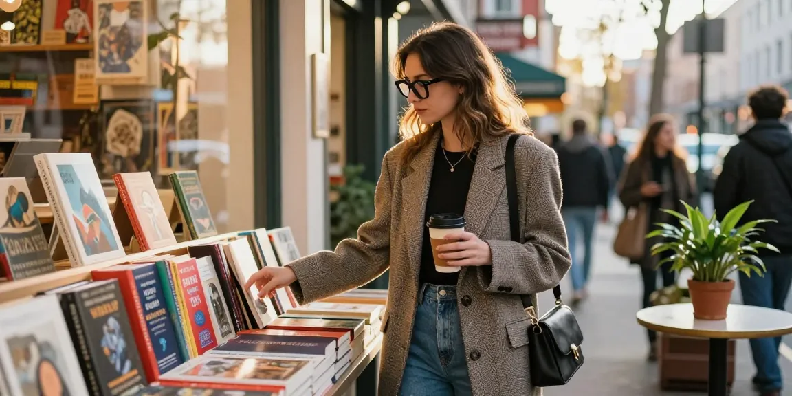 Stylish woman wearing óculos de grau feminino browsing in a cozy bookshop
