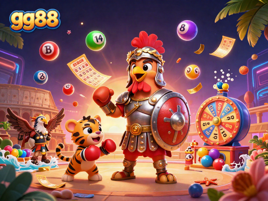 Experience thrilling adventures with gg88: a gladiator rooster, tiger cub, and eagle in a vibrant casino scene.
