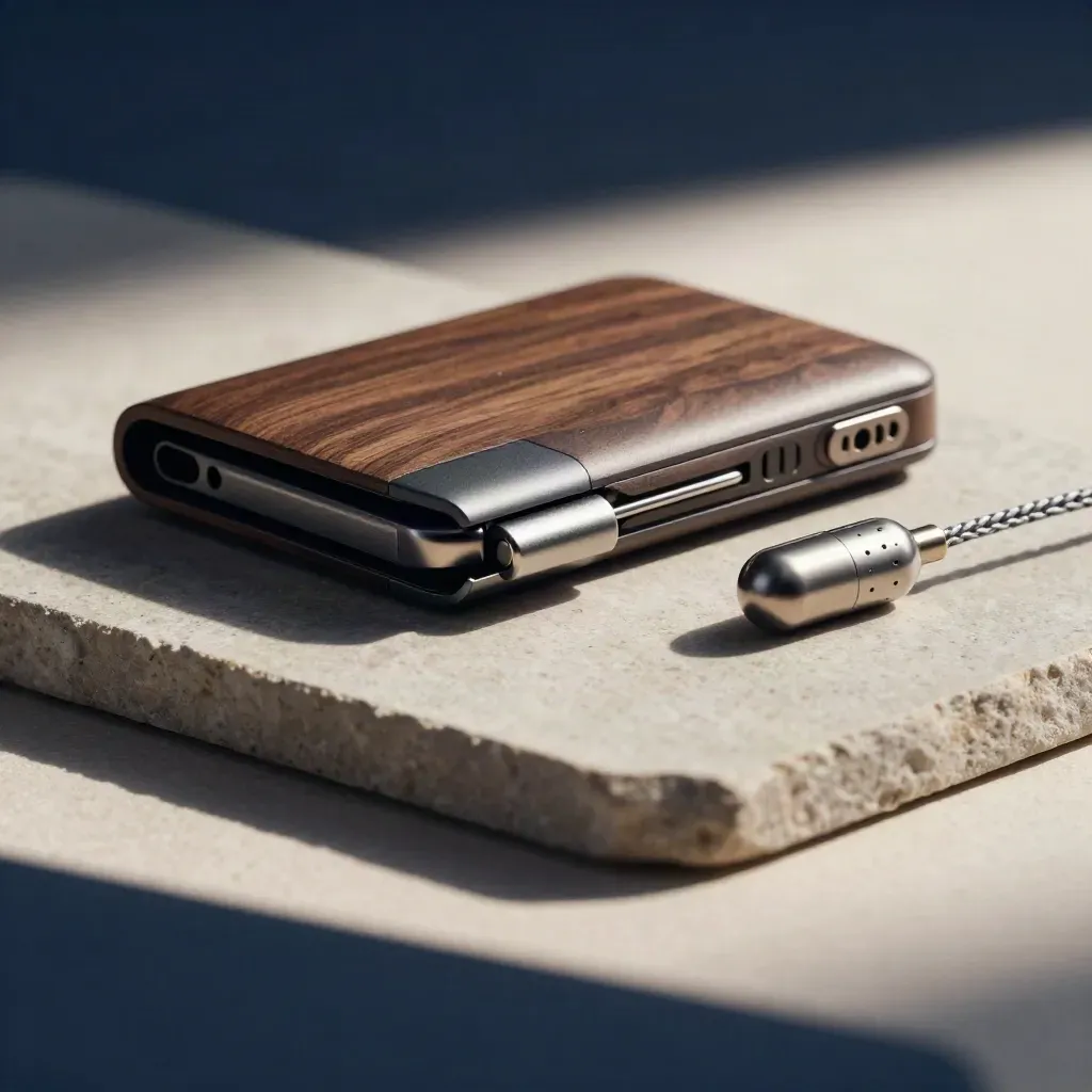 Hardware wallet half-open beside a metal capsule and braided cable on dark stone