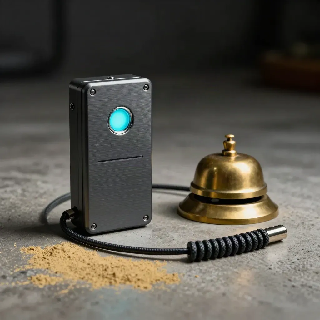 Brass alert bell, compact relay, and coiled patch cable on smoked concrete