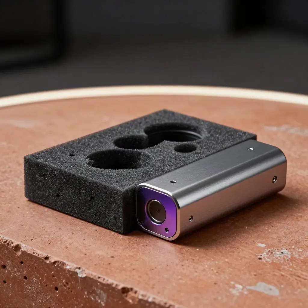 Node drive, foam insert, and power module on warm stone with violet edge light.