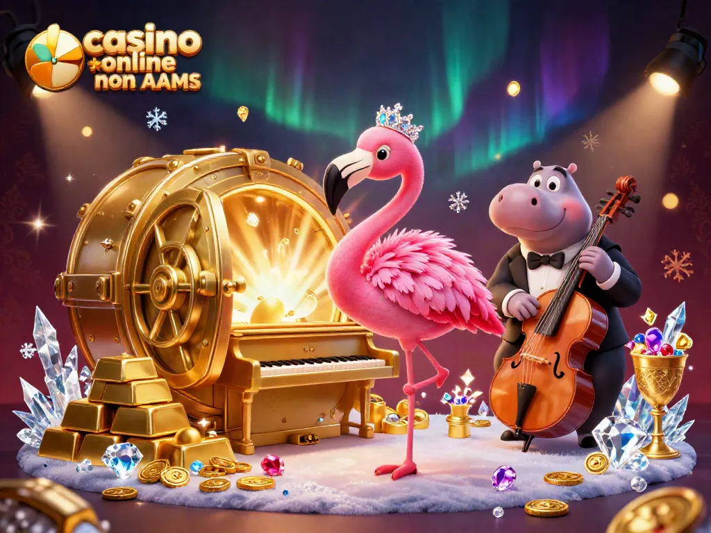 Divertiti nei casino online non AAMS con un'immagine vivace di un flamingo e un ippopotamo in un ambiente glamour.