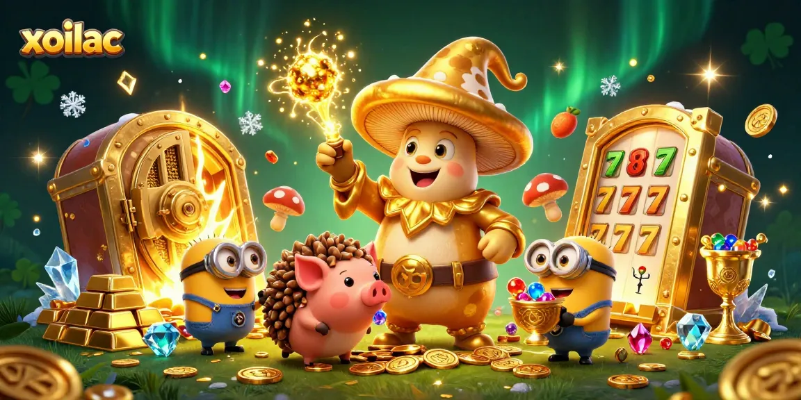 Experience winning magic at xoilac with a golden wizard casting treasures in a vibrant casino scene.