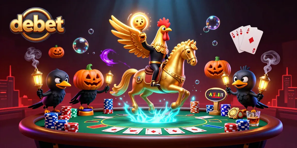 Engage with debet casino action featuring a golden rooster and spooky companions in a vibrant environment.