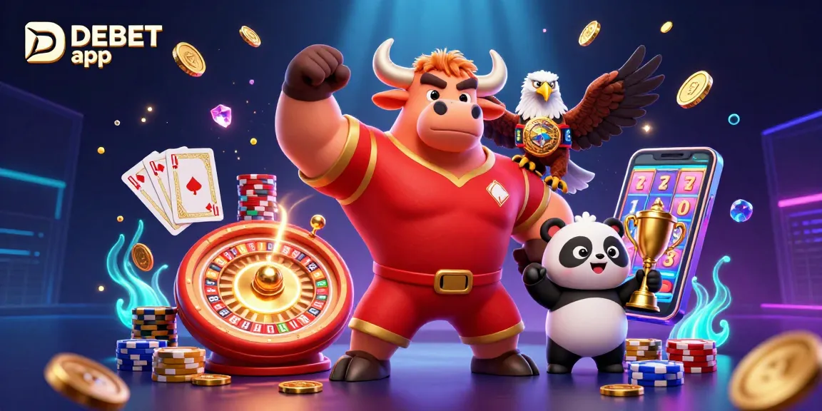 Experience thrilling wins with the DEBET app featuring winning trophies and dynamic casino elements.
