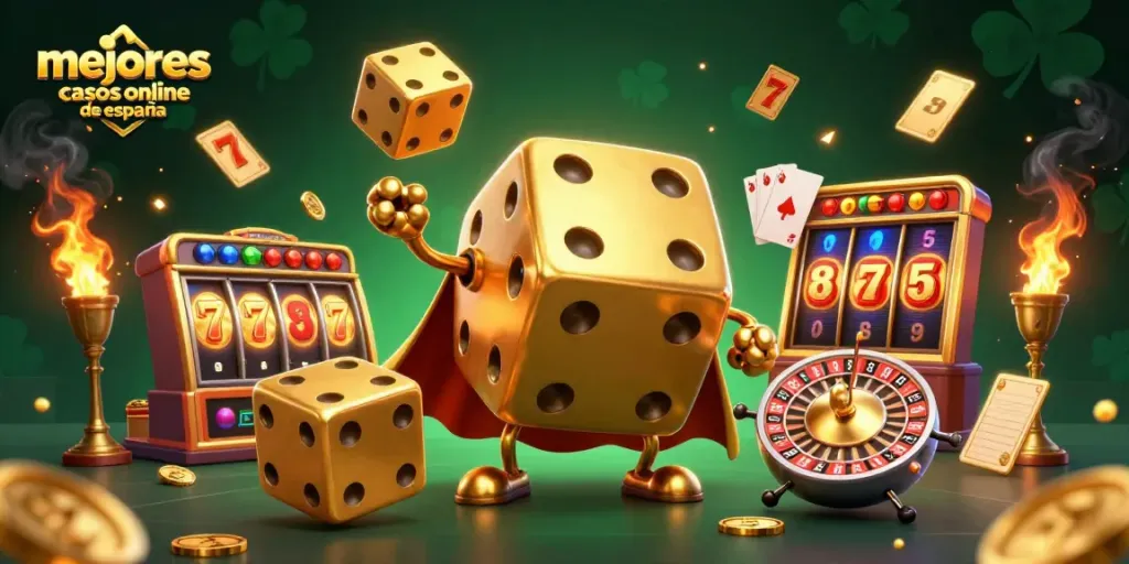 Ve la ilustración de los mejores casinos online de España, destacando un golem de dados dorados y elementos de juegos de azar.