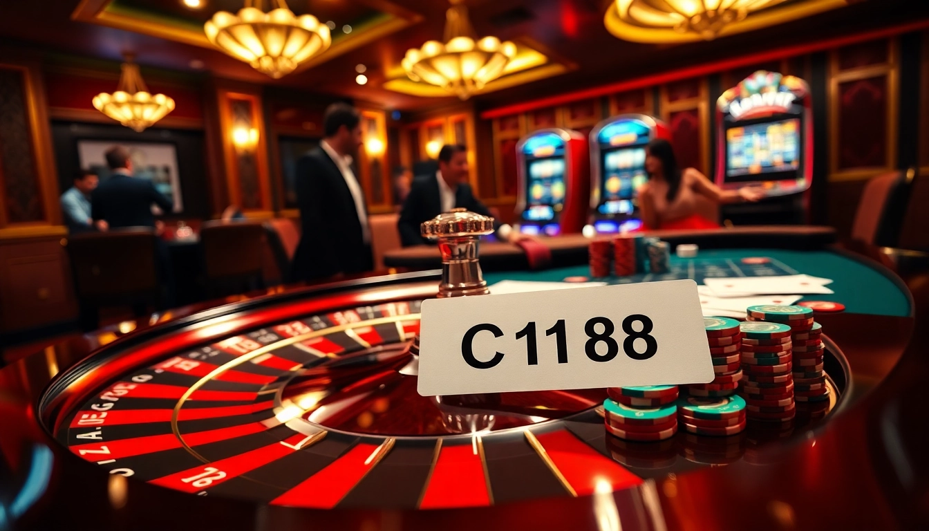Experience dynamic C168 casino action with poker chips and a roulette wheel in an upscale setting.
