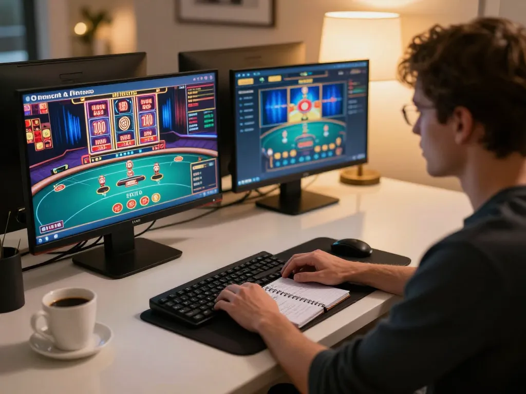 Engaging in online gambling strategies with TR88 slot games visible on a modern gaming setup