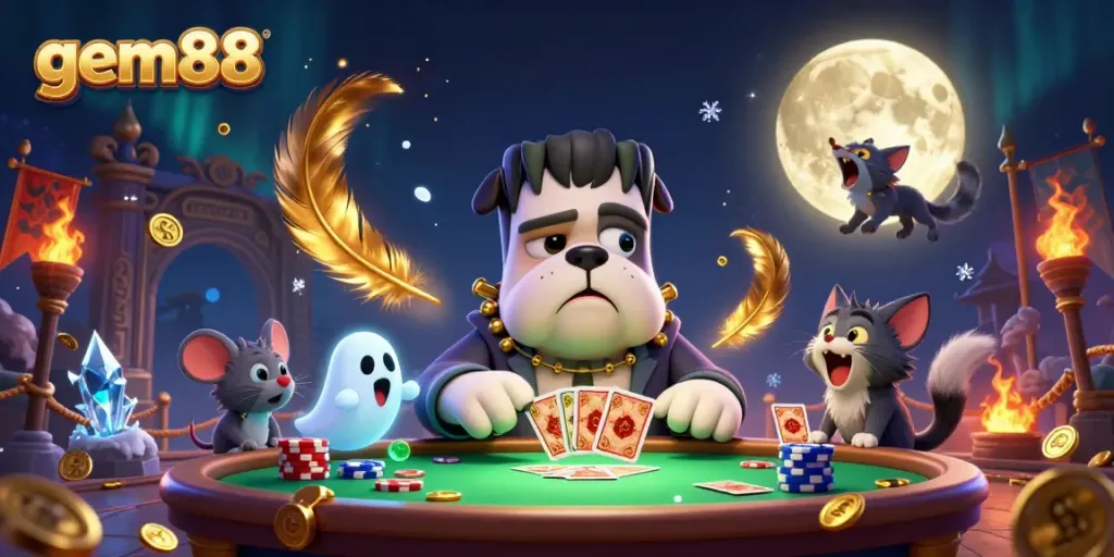 Experience thrilling gaming action at gem88 with a whimsical 3D scene featuring unique characters and vibrant casino elements.
