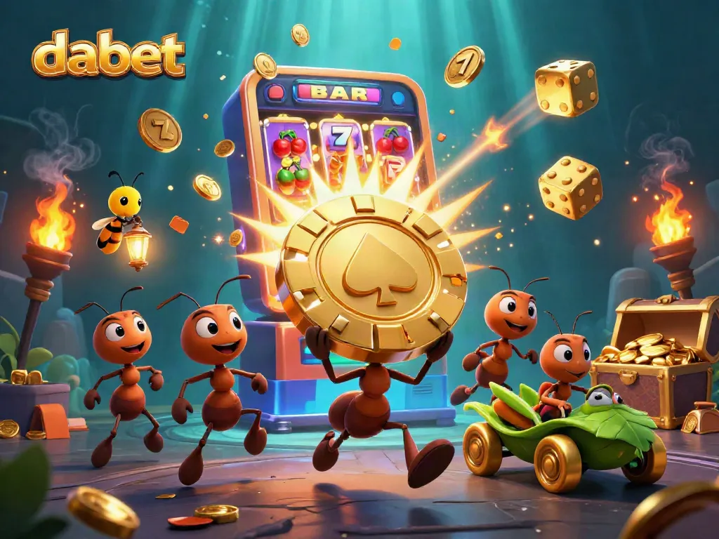 Experience thrilling wins with dabet as cartoon ants embark on a casino heist with a golden poker chip.