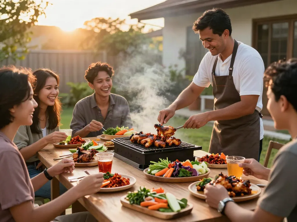 Delicious ayam bakar served with sambal rawit in a vibrant outdoor setting.