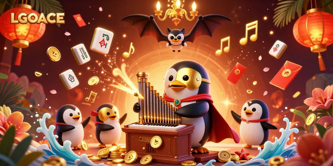 LGOACE offers thrilling slots experience featuring a cartoon penguin amidst golden coins, lanterns, and floating tiles.