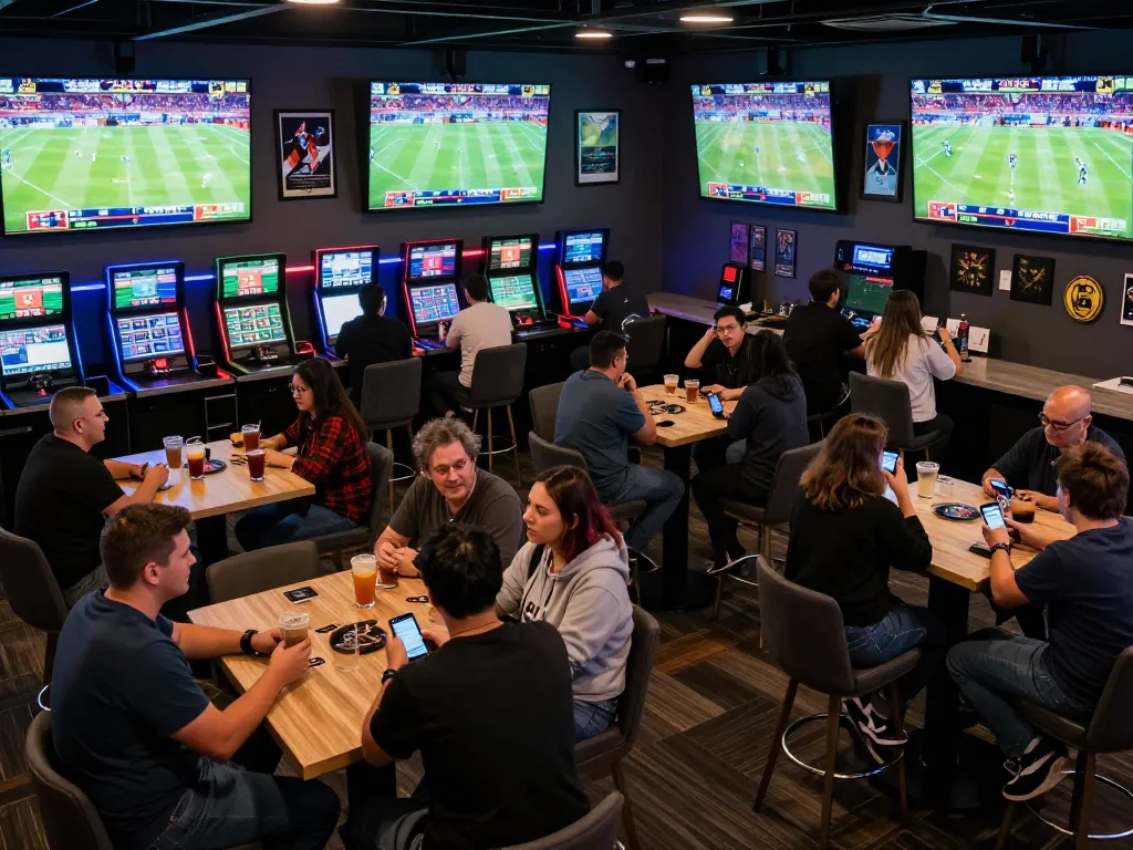 Excited bettors analyzing odds and placing bets in a lively sports lounge, highlighting j88 betting strategies.