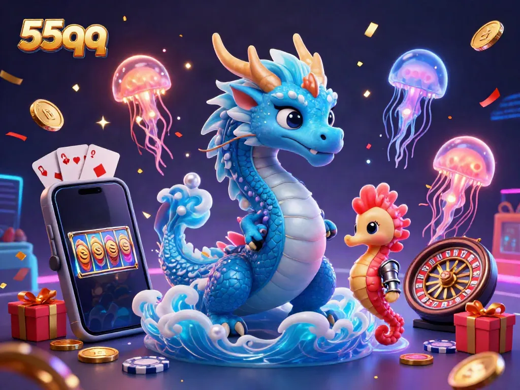Engage in thrilling gameplay with 55qq as vibrant game elements surround a majestic dragon and seahorse knight.