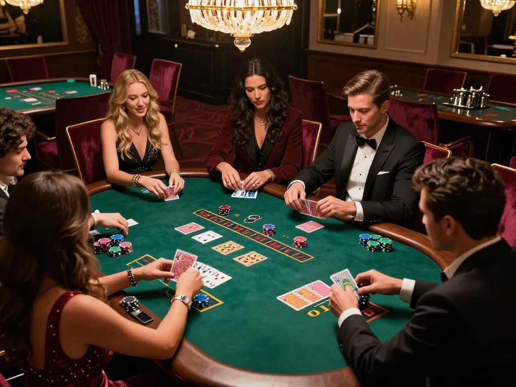 Players strategy in blackjack at 789wincom casino, engaging night atmosphere with luxurious decor.