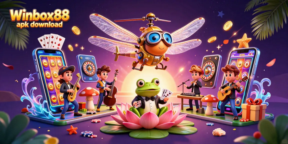 Winbox88 apk download illustration featuring a dragonfly pilot, frog croupier, and colorful casino elements.