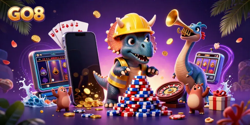 Celebrate gaming fun with GO8 as a triceratops builds poker chip pyramids in a vibrant casino scene.