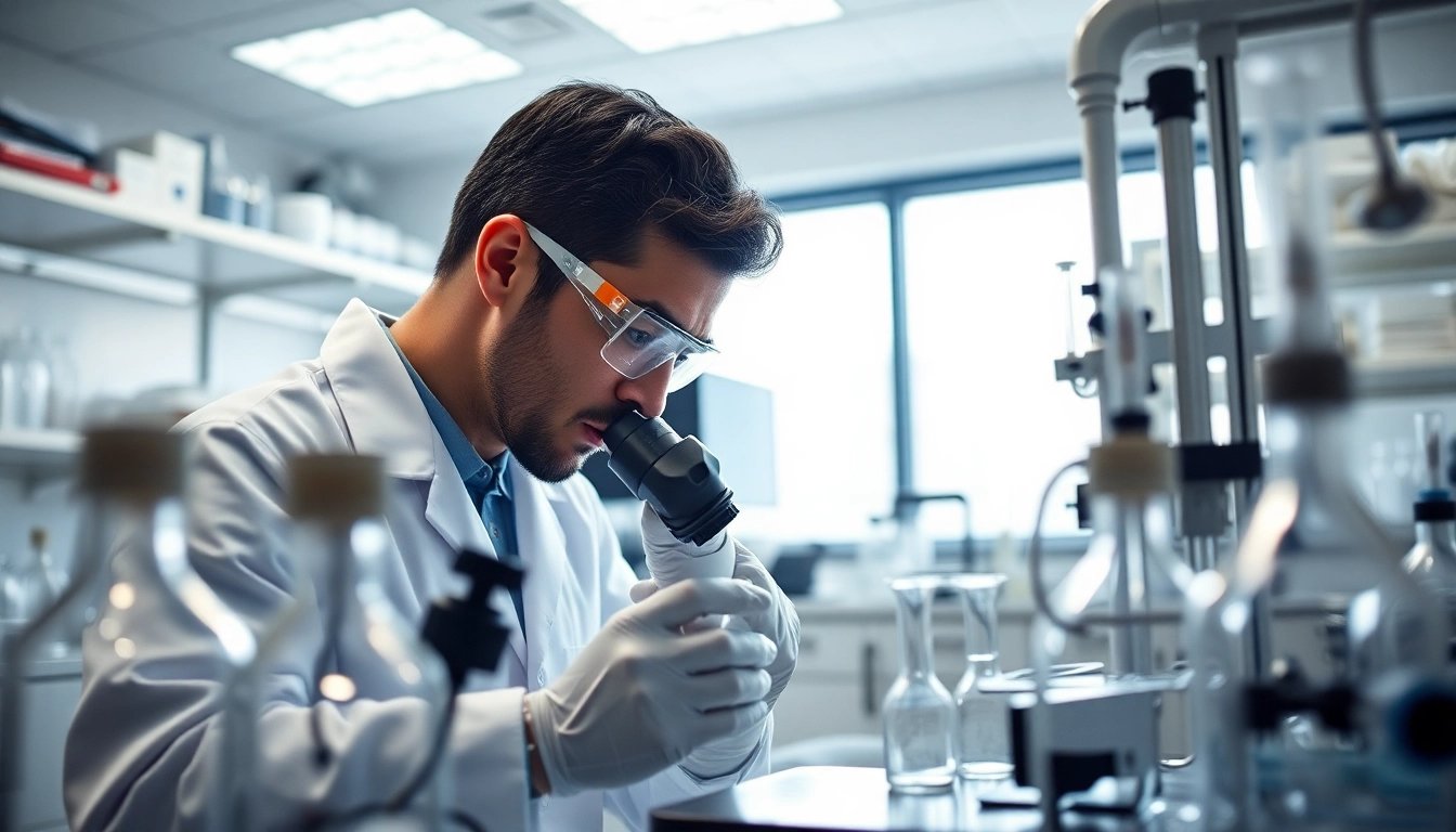 Peptides being analyzed by a scientist in a high-tech laboratory setting.