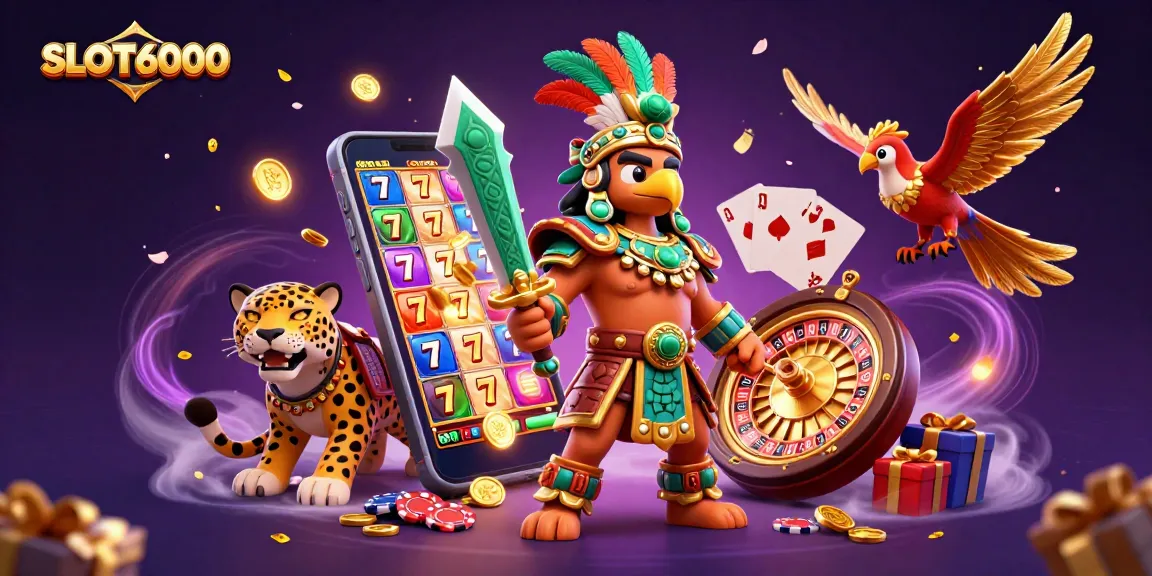 Experience the thrill of SLOT6000 with a vibrant Aztec warrior scene, packed with gaming elements.